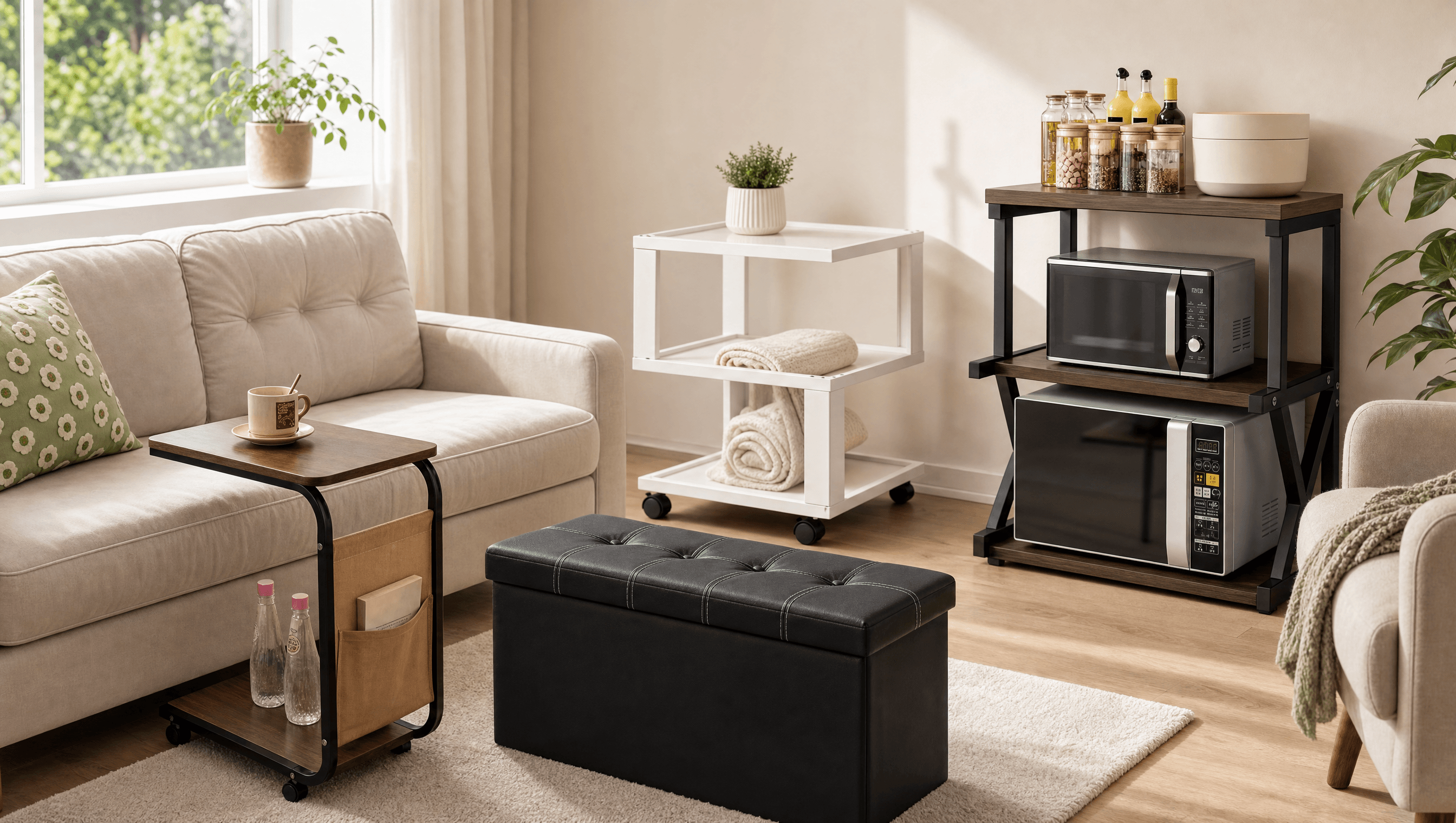 Een compacte woonkamer met petite zitmeubels en een lage tafel