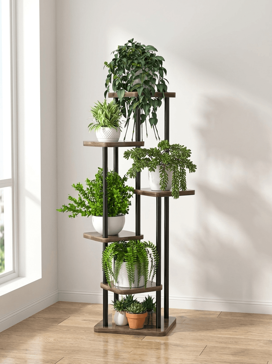 Meerlaagse plantenstandaard met planten in een lichte woonkamer, 5 laags